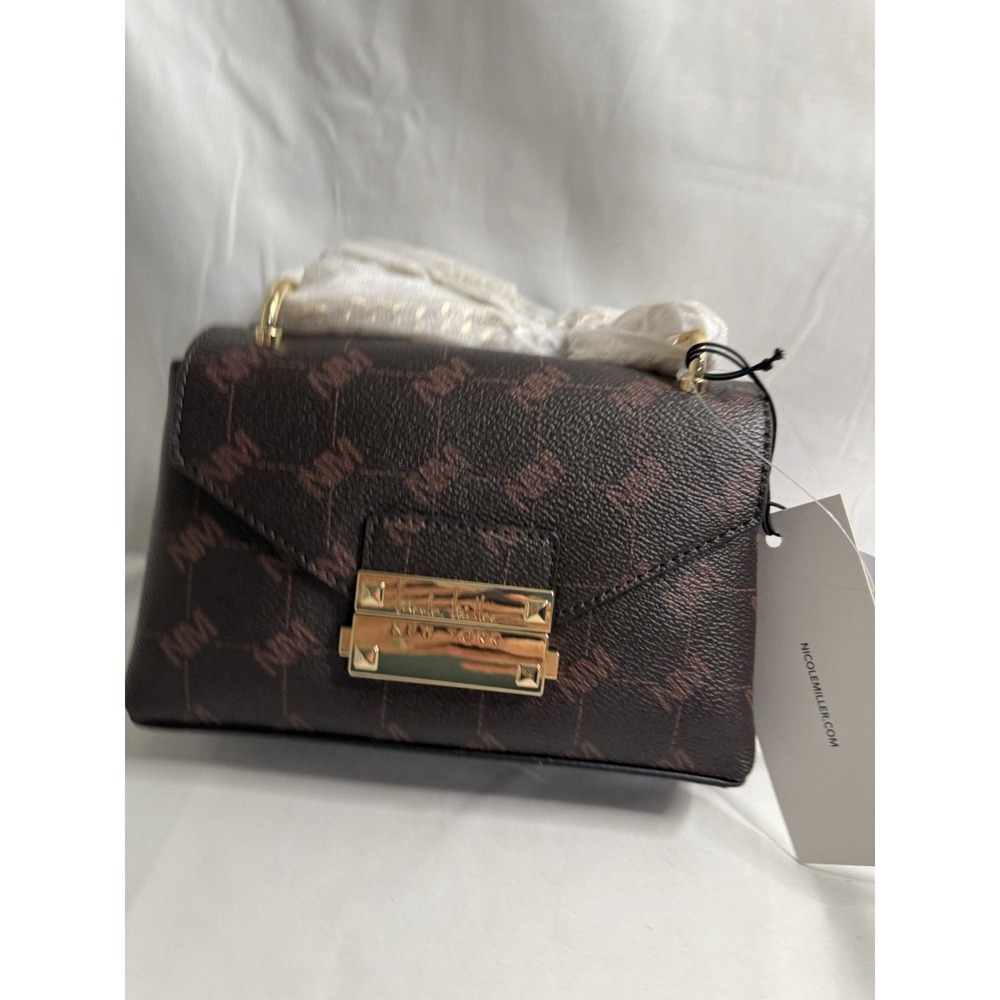 Nicole‎ Miller Brown Logo Gold Hardware Shoulder Crossbody Bag Purse